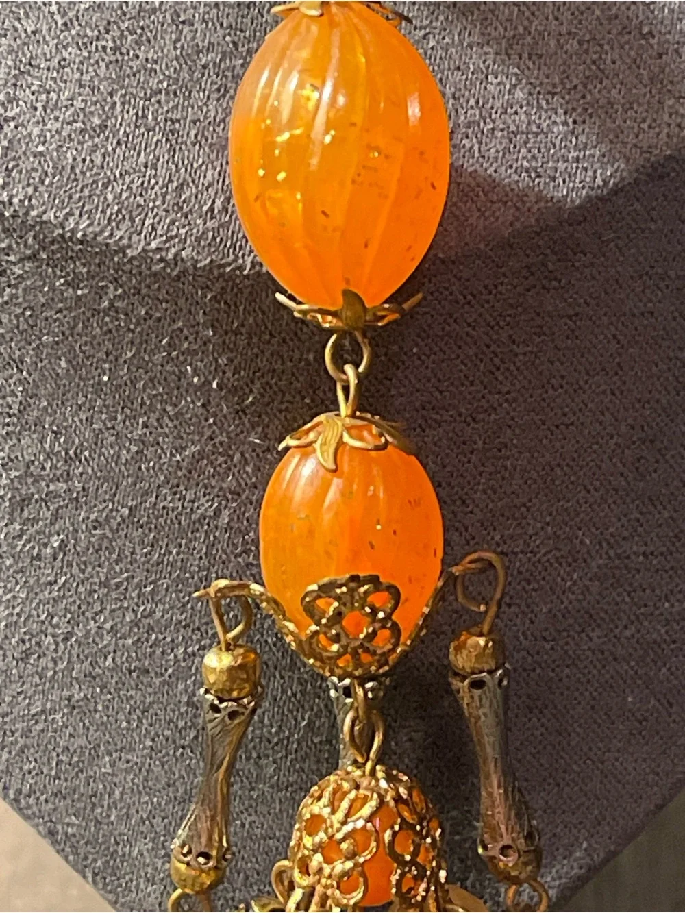 VTG‎ 1970s Orange Lucite & Brass Beaded Tassel Y Necklace Boho Statement Piece